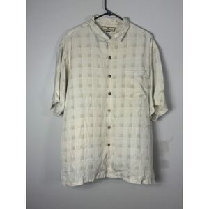 Tommy Bahama Mens XL Silk Short Sleeve Button Down Shirt Cream Check Camp Shirt